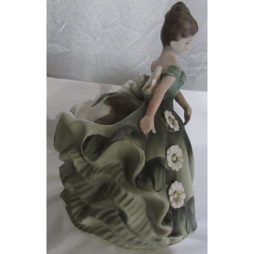Vintage Lefton green dress lady girl planter brown hair twirling swirling flower - Picture 8 of 14